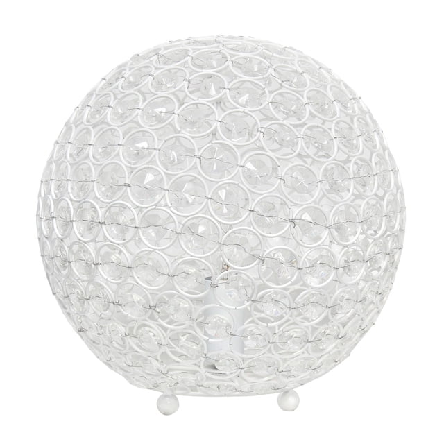 Elegant Designs Elipse 10 Inch Crystal Ball Sequin Table Lamp with a 10-inch diameter spherical white metal frame threaded with clear crystal sequins, standing on two ball feet, suitable for decorative table lighting in bedrooms, offices, or entryways.