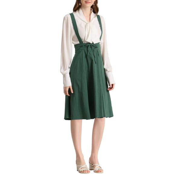 Unique Bargains Women's Retro Elastic Waist Suspender Pleated Midi Skirt