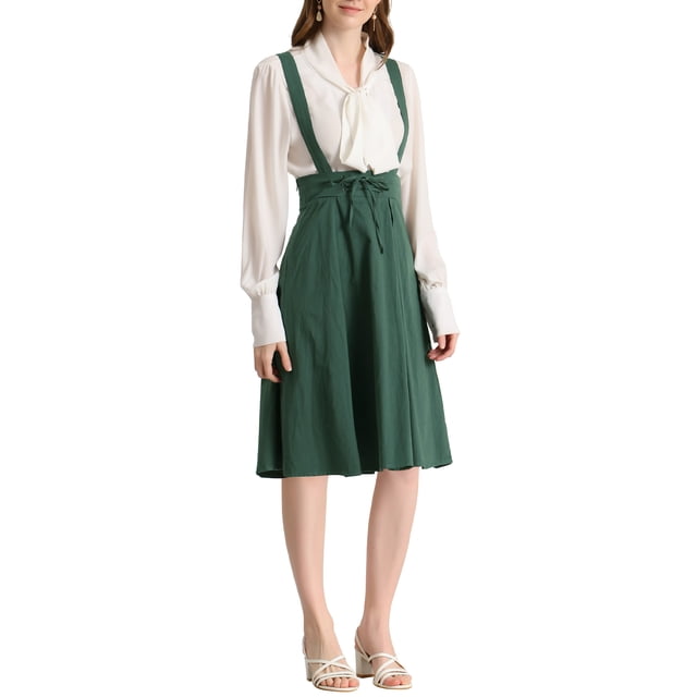 Unique Bargains Jupe Midi Plissée à Bretelles Rétro à Taille Élastique pour Femme