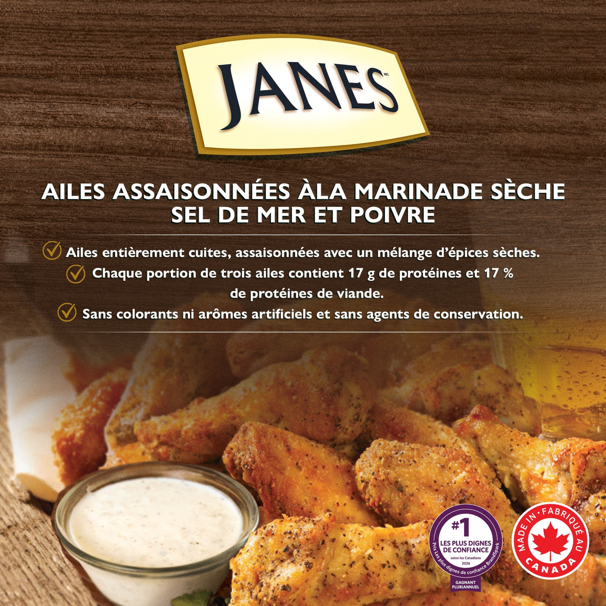 Ailes de poulet ultimes Janes® assaisonnées à la marinade sèche sel de mer et poivre, 754 g, ailes de poulet congelées. Contient : Viande blanche. Janes® Ultimates Ailes de poulet assaisonnées à sec au sel de mer et au poivre