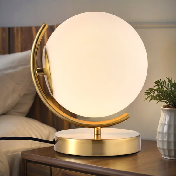 Petite Lampe de Table en Forme de Globe en Verre, Lampe de Chevet à Brancher E12 avec Interrupteur, Base en Fer Doré