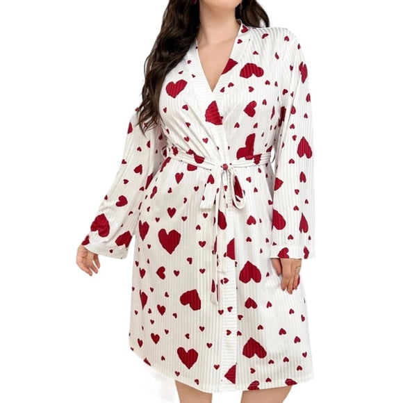 Lcziwo Soft Knit Kimono Robes for Women Casual Bathrobe Lightweight Heart Print Nightgown Red,L