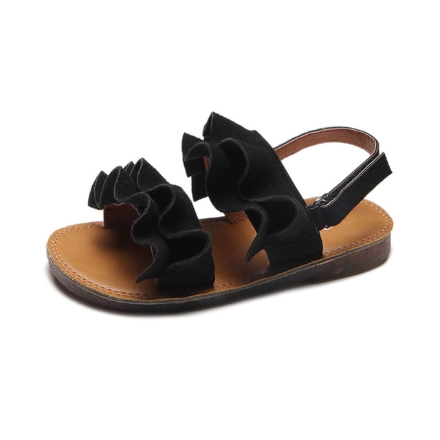 GiLiling Girls Sandals, Open-Toe Summer Shoes with Ruffle Straps Adjustable Ankle Closure, Non-Slip TPR Sole for Casual Fashion Wear (Black, 9-9.5 Years)