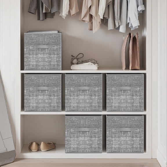 LEDREM 11.8" Storage Cube Organizer 6-Pack Foldable Fabric Bins with Handles, Cube Shelves Organizer for Clothes, Toys, Cattail Grey