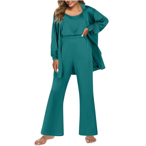 Ersazi Womens Silk 3 Piece Pajamas Satin Camisole Loungewear Set Button Cardigan With Loose Pants In Clearance Super Soft Pajamas for Women Dark Blue Xl