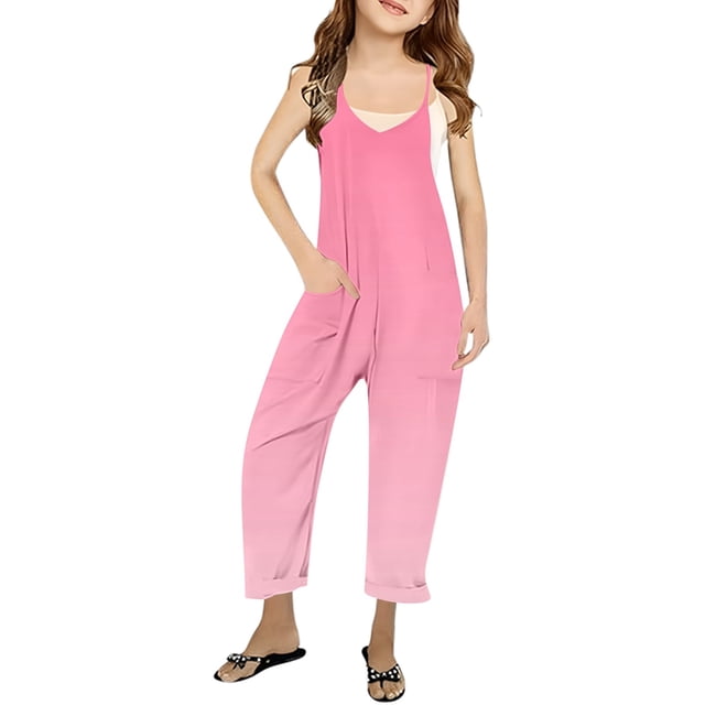 MIASHUI Combinaison pour Filles à Col en V Sans Manches, Décontractée, Pantalon Long, Rose, 9-10 Ans