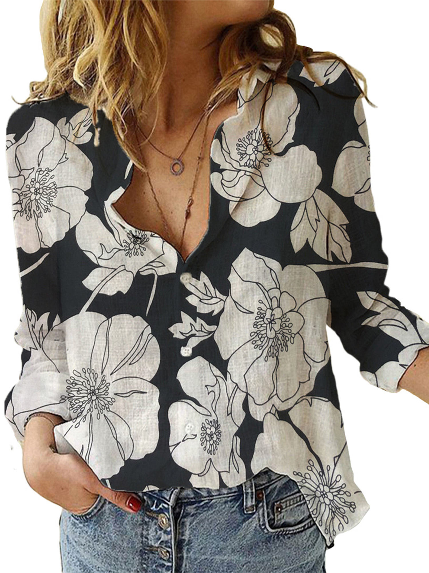 Innerwin Shirts Button Down Ladies Blouse Business Long Sleeve Loose Tops Black Flower 4XL