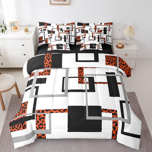 YST Ensemble de Douillette 7 Pcs Noir Rouge à Imprimé Léopard pour Lit Simple, Ensembles de Literie Mi-Siècle Moderne, Lit en Sac à Rayures Grises, Ensembles de Lit Réversibles à Lignes Abstraites avec Drap Plat et Drap-Housse, Couvre-Oreillers