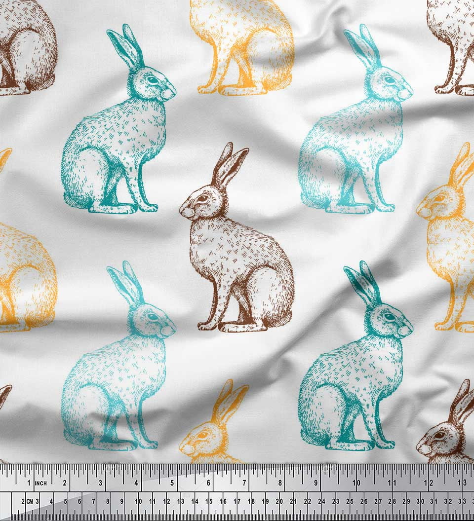 Soimoi White Cotton Voile Fabric Rabbit Animal Print Fabric by the metre 42 Inch Wide