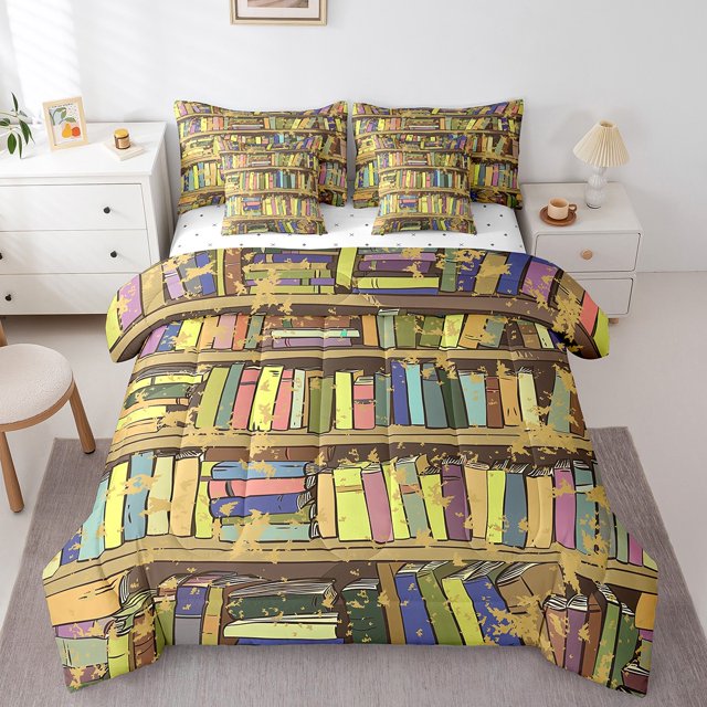 YST Bookcase 7 Piece Comforter Set,Cartoon Bookshelf Bedding Set for Kids Child,Shabby Bookshelf Bed in a Bag,Retro Bookrack Academic Collection Books Flat Fitted Sheet Reversible,Queen