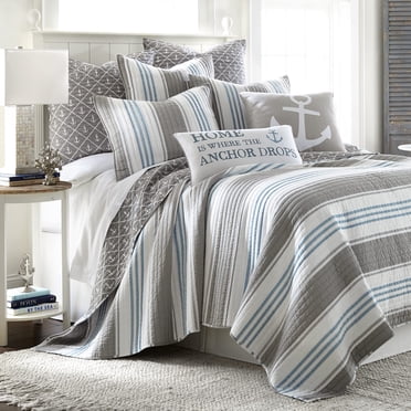 Levtex Home - Provincetown King/Cal King Quilt - Striped Coastal - Grey, White, and Blue - Quilt Size (106x92in.) - Reversible - Cotton Fabric