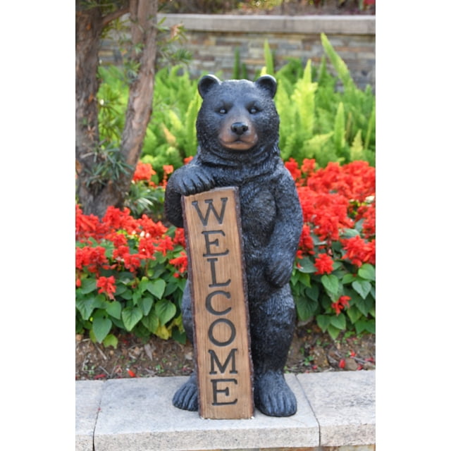 Statue de Jardin Ours Noir Debout avec Panneau de Bienvenue