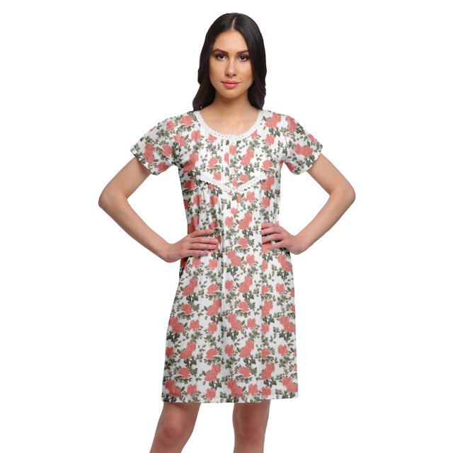 Moomaya Chemise de Nuit à Manches Courtes Imprimée pour Femmes, Col Rond, en Coton, Vêtement de Nuit