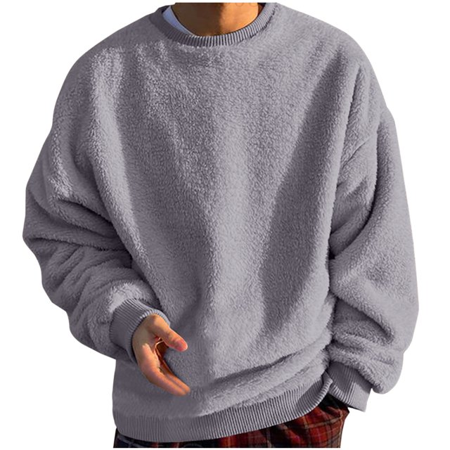 Penkiiy Chandail Sherpa Duveteux pour Homme à Manches Longues, Col Rond, Chandail Molletonné, Confortable, Basique, Unisexe, Automne Hiver, Chaud, Hauts, m Gris