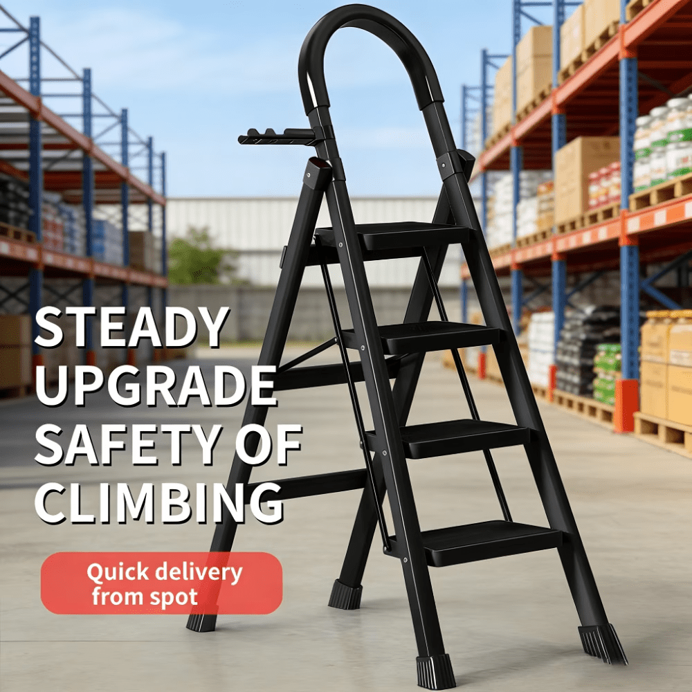 Heavy-duty 4-step portable folding ladder, supports up to 400 lbs, durable plastic folding ladder with non-slip steps, lightweight and easy to carry