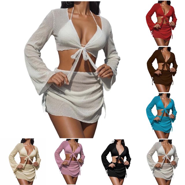 FRSASU Women's 4 Piece Swimsuit Fishnet Triangle Halter String Bikini Set with Cover up Top Skirt Split Swimsuit Set White S(S)