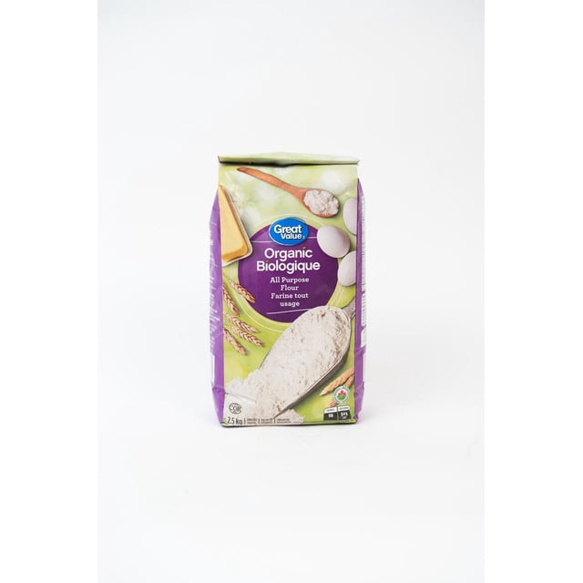 Great Value Farine Tout Usage Biologique Sac de 2,5 kg avec Texte Bilingue Anglais et Français, Présentant des Tiges de Blé, des Oeufs, une Cuillère en Bois avec de la Farine, et une Cuillère de Farine Non Blanchie à l'Avant, Certifié Biologique Canadien et Idéal pour Tous les Besoins de Pâtisserie.