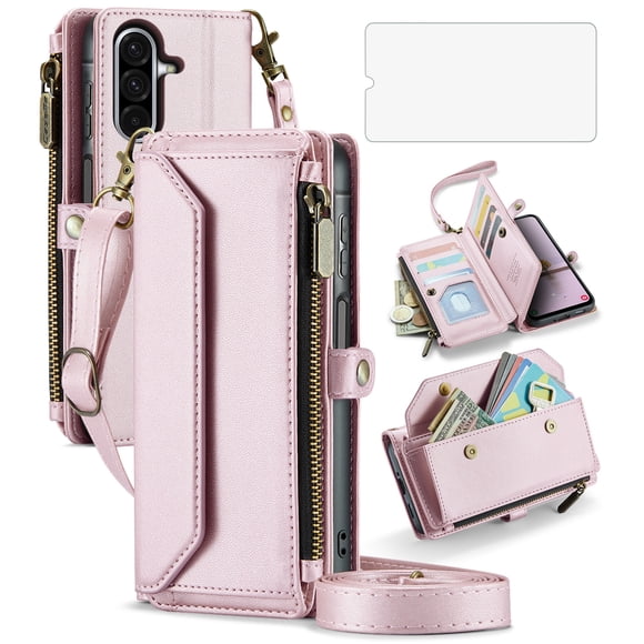 Asuwish Compatible with Samsung Galaxy A17 5G Zipper Wallet Phone Case Tempered Glass Screen Protector Crossbody Lanyard Strap Flip Card Holder Slot Cell Cover for A 17 17A G5 Women Girls Rose Gold