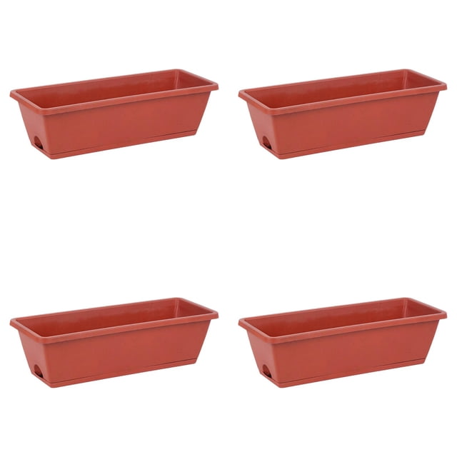4PCS Window Box Planter with Drainage Holes & Matching Saucers,17 Inch Plastic Rectangular Flower Pot for Vegetables Herbs Flower for Indoor Outdoor Garden Decor Patio Balcony Windowsill Deck Railing