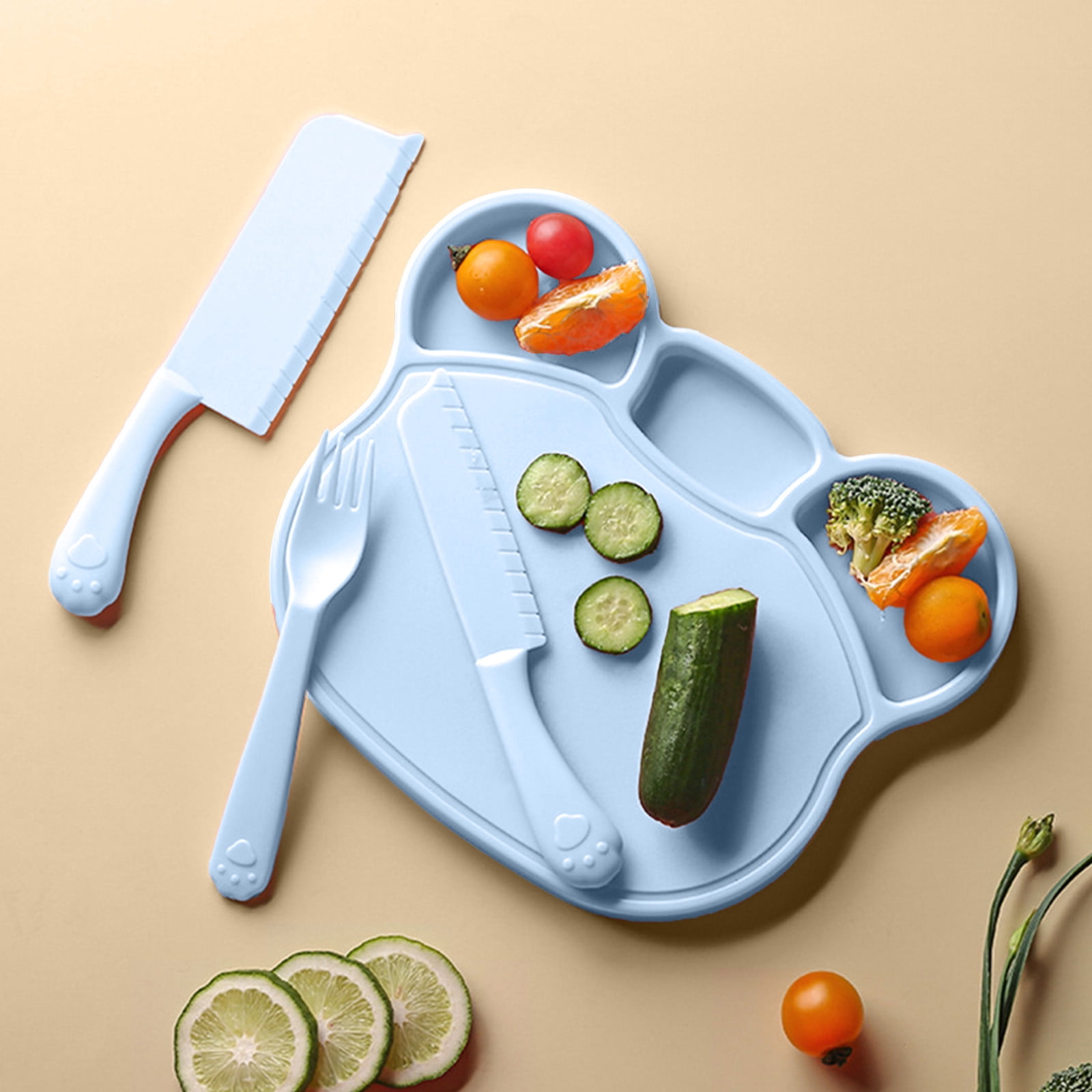 Baby food preparation cutting board and knife set and early childhood education tools and plastic kitchen knife that w on't hurt hands