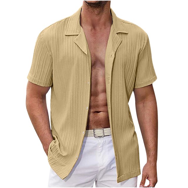 EOYWHK Mens Cotton Linen Shirts Short Sleeve Summer Ribbed Knit Button Down Cardigan Solid Color Collared Lapel Office Blouse Workwear Beachwear