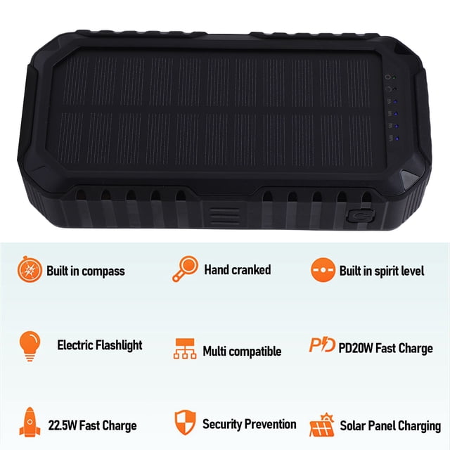 Solar Power Bank, 4 Cables 20000mAh Power Bank for Emergency Orange,Black