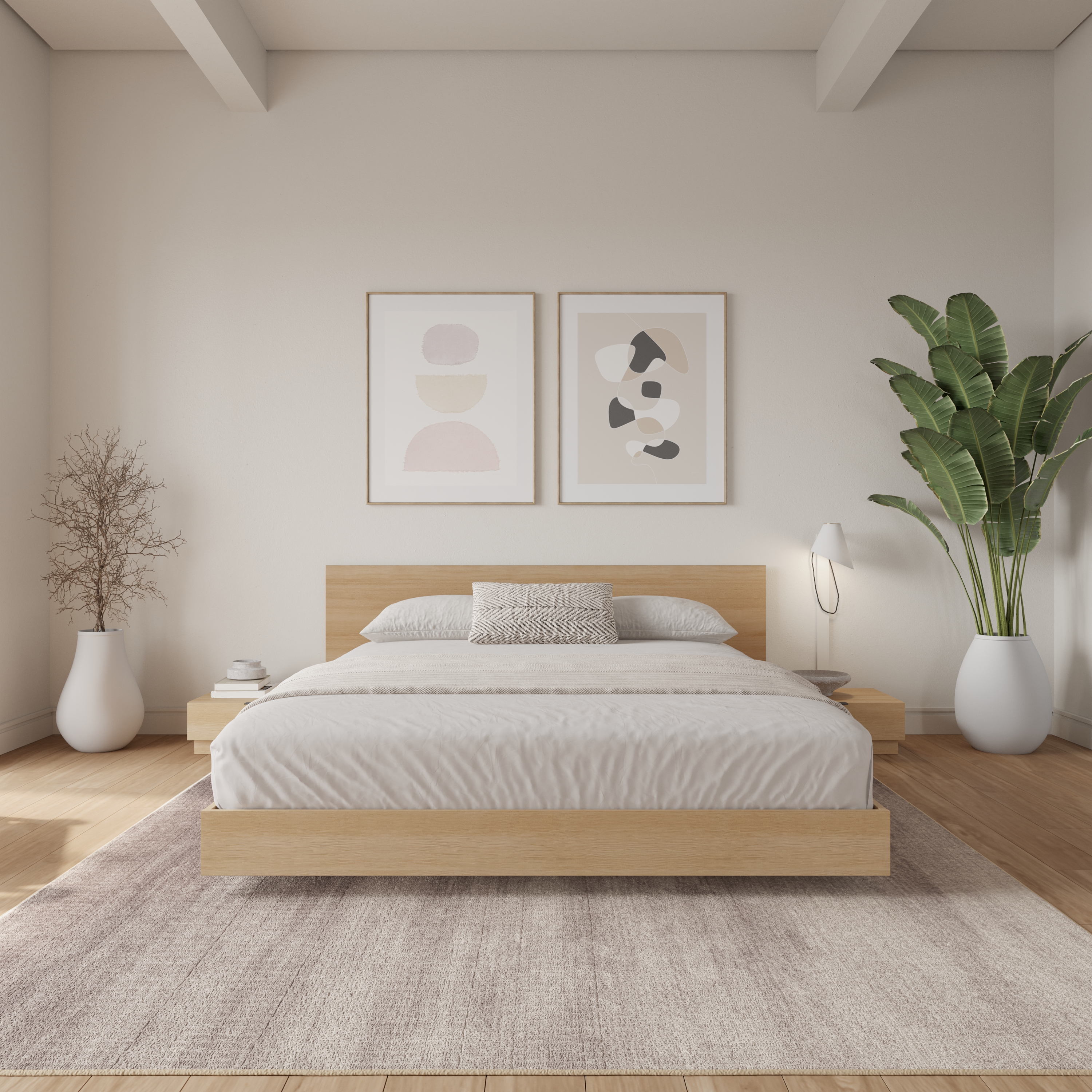 Ensemble de chambre à coucher Satori 4 pièces avec plateforme basse et lit queen en chêne blond naturel