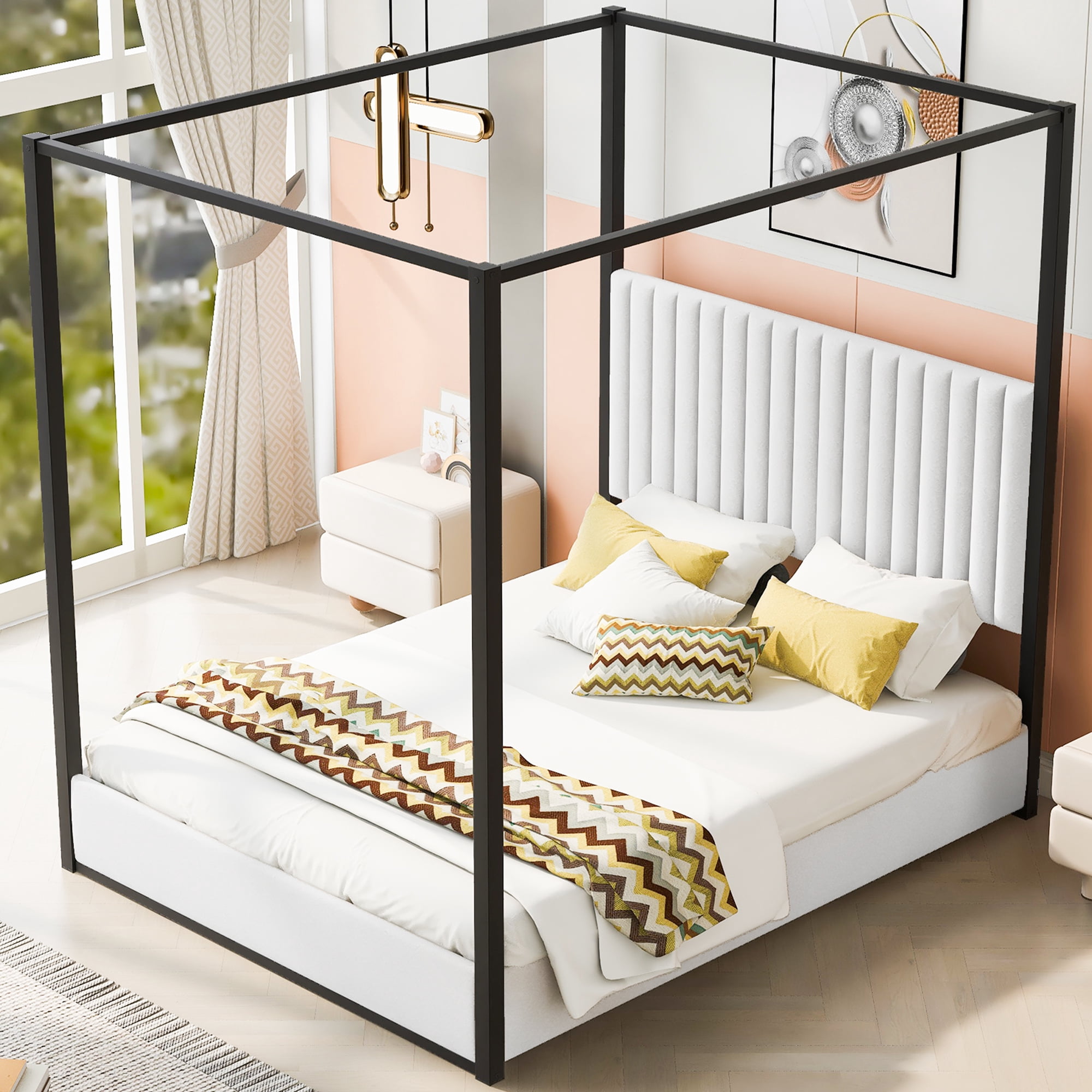 Noble House Queen Size Upholstery Canopy Platform Bed with Headboard and Metal Frame,White