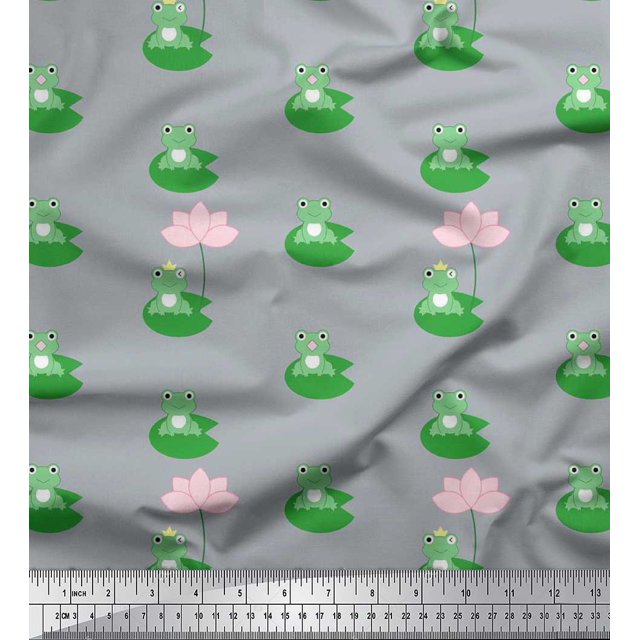 Soimoi Rayon Fabric Lotus & Frog Kids Print Fabric by Yard 56 Inch Wide