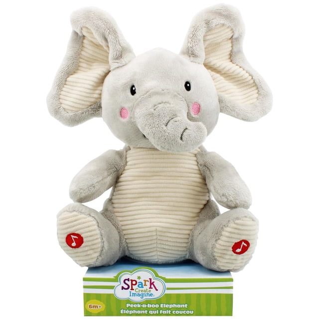 Spark Create Imagine Peek-A-Boo Éléphant Gris en Peluche, Jouet pour Bébé Orienté vers l'Avant avec silhouette Arrondie, Yeux Cousus et Tronc en Tissu; Appuyer sur les Pieds pour Jouer une Chanson Joyeuse. Convient aux Âges de 6+ Mois; Nécessite 3 Piles AA (Incluses). Lavable en Surface.