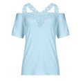 thumbnail image 4 of LSLJS T-Shirts en Dentelle à Épaules Dénudées pour Femmes Été Col en V Décontracté Patchwork Uni Manches Courtes Hauts, 4 of 9