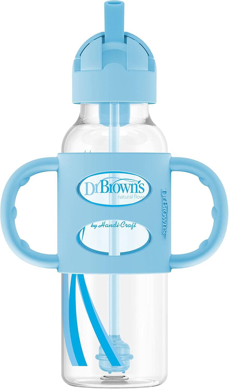 Dr. Brown's Milestones Narrow Sippy Straw Bottle, Spill-Proof with 100% Silicone Handles, Gray/Blue, 6m+, 2x8oz Bottles