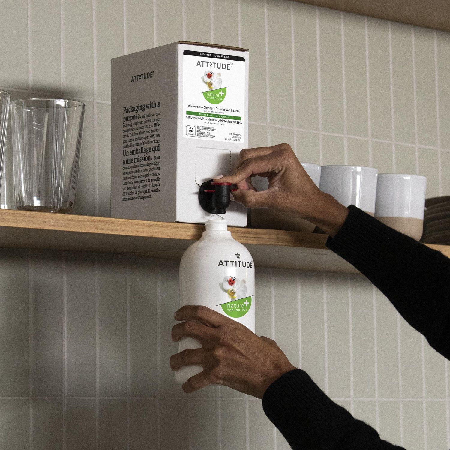 ATTITUDE home+ technology, Nettoyant Tout Usage Désinfectant 99.99 %, Recharge, Parfum de Thym & d'Agrumes, 2L