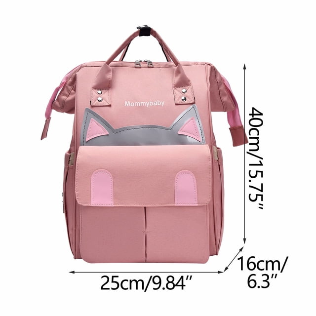 Mommy Bag Backpack Multifunctional Large Capacity Double Shoulder Mother and Baby Bag in pink, made of durable Oxford cloth. Features include multiple compartments for organized storage, a front baby bottle compartment with insulation, an anti-theft rear pocket, and side pockets. The bag measures 40 x 25 x 16 cm and is designed for outdoor leisure and travel with a baby. The front design includes a playful cat-ear motif.