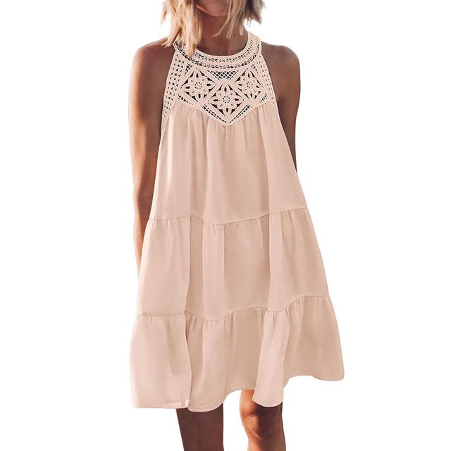 Penkiiy Robe d'Été Sans Manches pour Femmes, Dos Nu, Décontractée, Ligne A, à Volants, Robe de Plage, Vacances, Mini Robe 2TG Beige