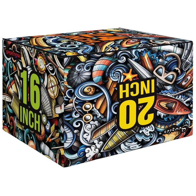 Soozier Plateforme Plyo Box en Mousse 3-en-1 avec Vagues Abstraites Multicolores, Bateaux et Motifs Géométriques, Affichant des Étiquettes de Hauteur de 16 Pouces et 20 Pouces sur les Côtés, Convient aux Exercices Pliométriques et d'Entraînement de Force à la Maison Ou au gym.
