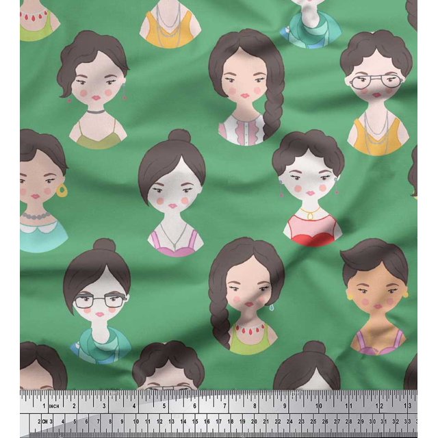 Soimoi Green polyester Crepe Fabric Women Face Human Figure Print Sewing Fabric Yard 52 Inch Wide