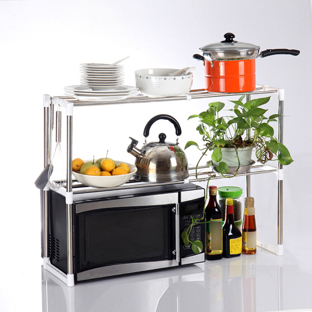 SHOWERORO 1Set Stainless Steel Microwave Shelf for Kitchen Use with Double Layer 47.5x24.5x64cm