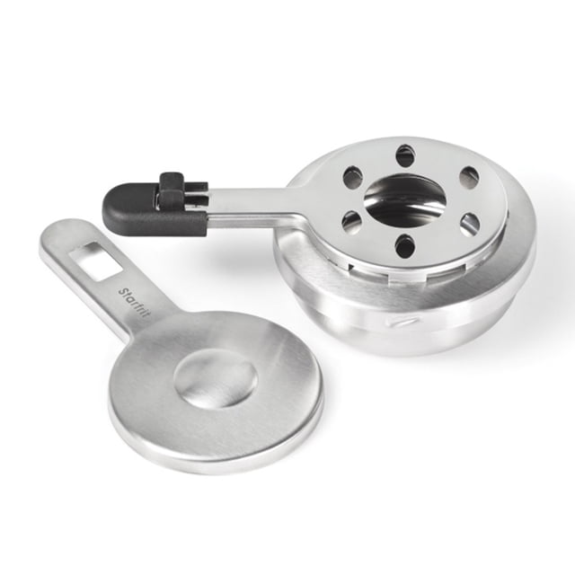 Starfrit Fondue Adjustable Safety Burner stainless steel 4-piece set with sliding temperature control, including a round burner with ventilation holes, a cover with plastic handle, and a stable base for safe gel fuel heating during fondue cooking.