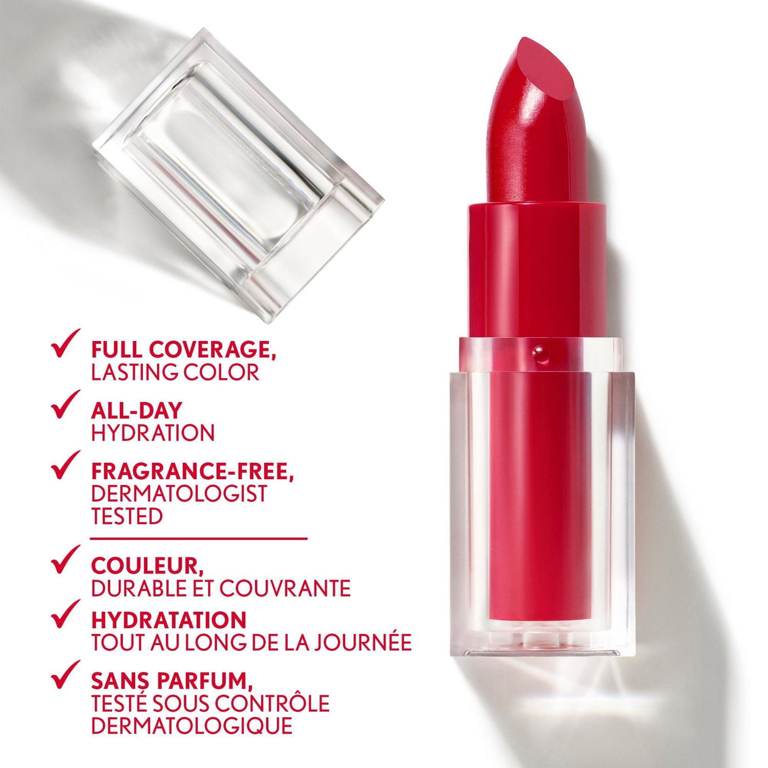 Rouge à lèvres Clean, Fini satin, Tenue 24 heures, Squalane, Avocat et aloès, Sans carmin, non desséchant