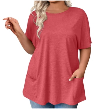 biudgviw Tuniques pour Femmes Grande Taille Col Rond Manches Courtes T-Shirts de Couleur Unie Blouses Décontractées Amples avec Poches