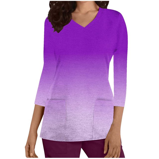 Cameland Hauts de Sarrau à Col en V pour Femmes, Extensibles Doux, Résistants aux Plis, Uniforme Médical d'Infirmière avec 2 Poches, Confortable et Léger, Uniforme de Travail, Blouse à Manches 3/4 Dégradée