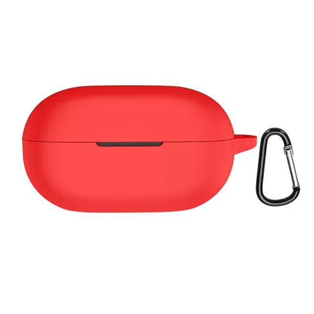GadgetCom Replacement Case compatible with Beats Solo Buds, featuring a shockproof silicone design in red. This earbud pouch offers full protection against scratches, dust, and damage. Includes a black clip hook for convenient portability.