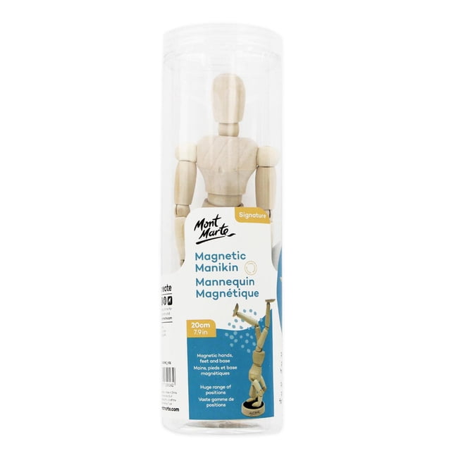 MONT MARTE Magnetic Manikin 20 cm (7.9 in) natural timber adjustable wooden figure with jointed limbs, rotating torso, and magnetized base in clear cylindrical packaging, suitable for studying human proportion, sketching poses, and display in art studios or classrooms.
