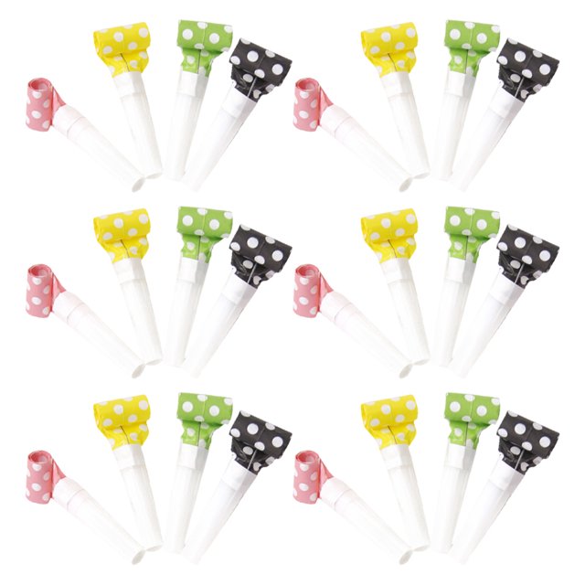 36pcs Party Blower Plastic Noise Makers Cheering Props Party Blow Horns in assorted colors, featuring polka dot patterns on paper material with white plastic mouthpieces. Each blower measures 8.00 x 1.10 x 1.10 cm (3.14 x 0.43 x 0.43 inches). Ideal for birthdays, kids' parties, baby showers, and other festive events.