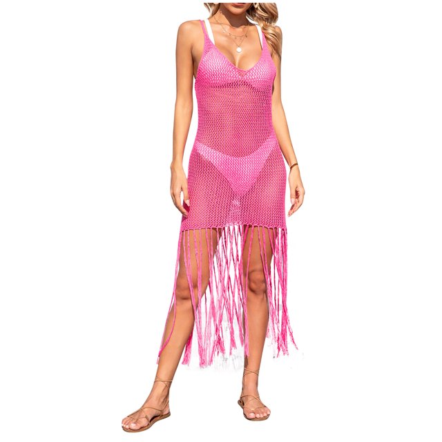 Plebaso Cache-Maillot au Crochet pour Femmes, Robe de Plage en Maille Tricotée à Franges, Maillot de Bain Sans Manches, Cache-Maillot