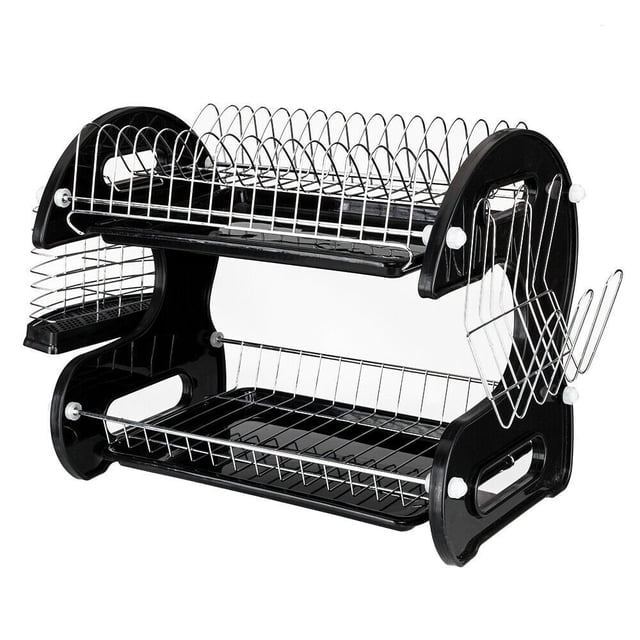 DEBGFS Dish Drying Rack 2 Tier Dish Drainer Easy Install Non-Slip Dish Rack Chrome Plated Dish Dryer with Removable Drain Board Utensil,black