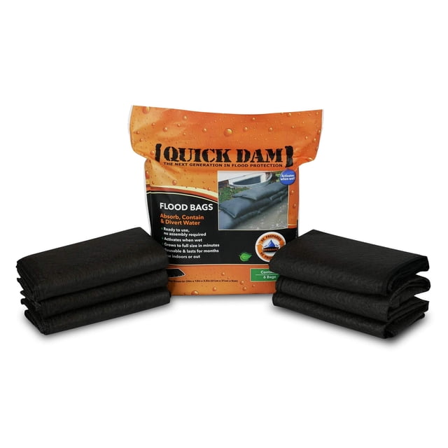 Quick Dam - QD1224-6 Water Activated Flood Bags 1ft x 2ft, 6-Pack centered front view of six compact black folded flood bags, rectangular 12in x 24in panels that grow to 3.5in high when wet, woven fabric texture and stitched seams visible, shown ready for doorway or garage placement and suitable for creating stacked barrier walls for temporary flood diversion.