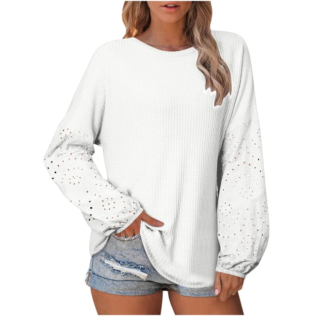 tarylea Hauts pour Femmes Col Rond Dentelle Manches à Œillets Chemises Manches Longues Décontractées Amples Quotidiennes Chandail