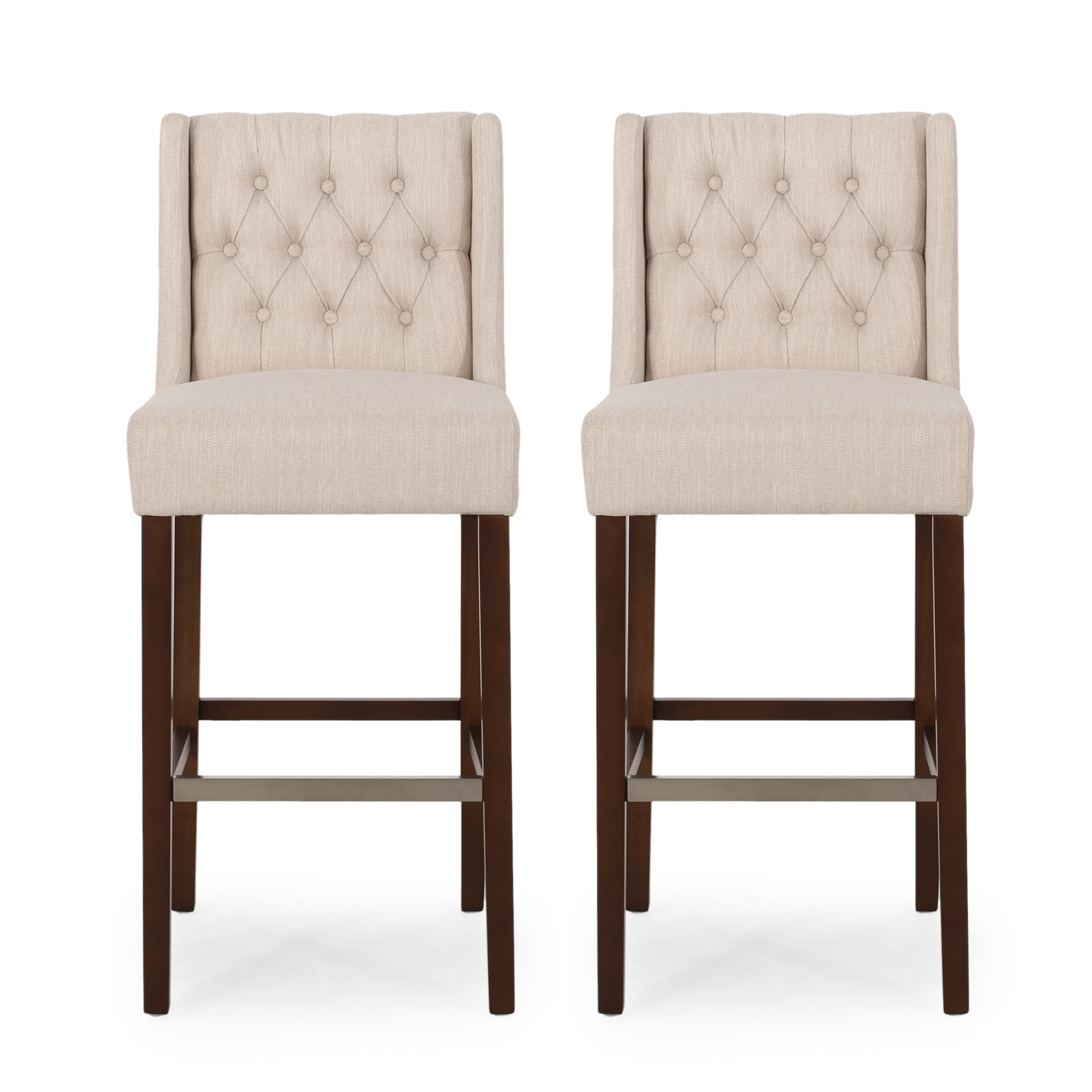 Leeandre Contemporary Wingback Fabric Barstools, Set of 2, Beige and Espresso